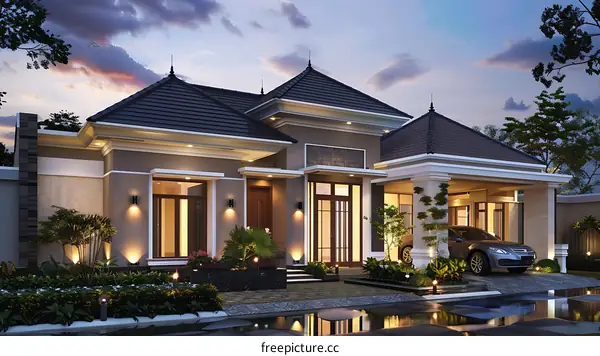 Modern House Exterior Design with Carport and Lush Greenery