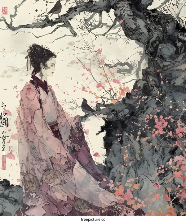 Woman in Traditional Chinese Dress Surrounded by Blooming Flowers and Birds in Watercolor Painting