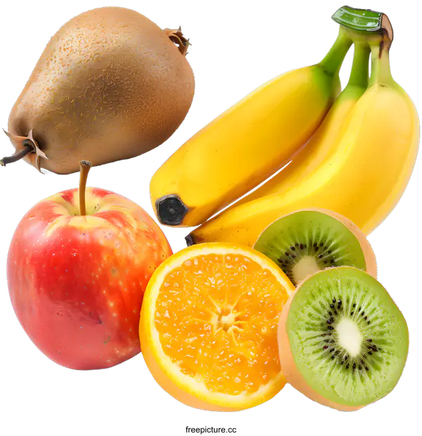 [Transparent Background PNG]Fresh Fruit  Assortment: Apple, Banana, Kiwi, and Orange