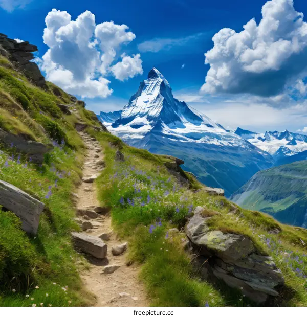Pathway to the Matterhorn with beautiful flowers and blue sky