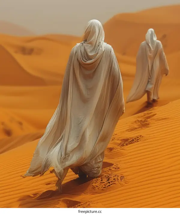 Two people walking in the desert