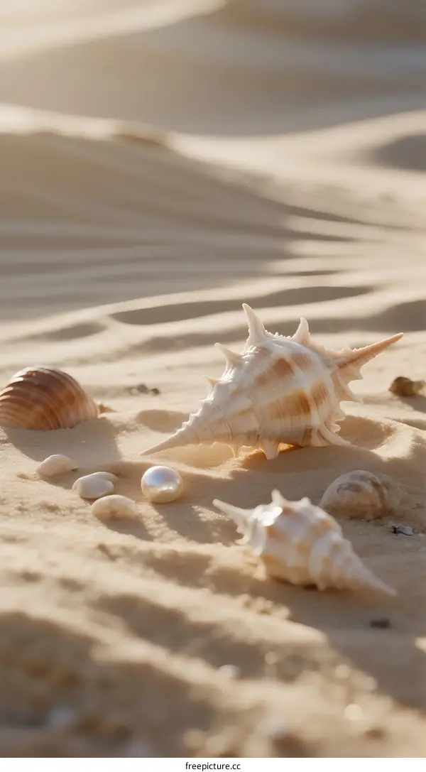 Seashells on the golden beach with sunlight shining