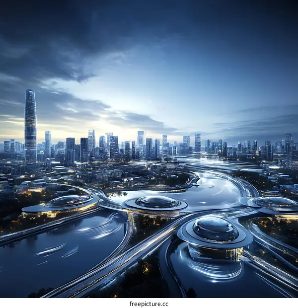 Futuristic City Skyline Aerial View Illustration