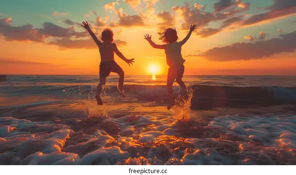 Two Children Jumping on the Beach at Sunset