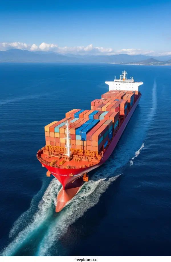 A large container ship sails the open ocean