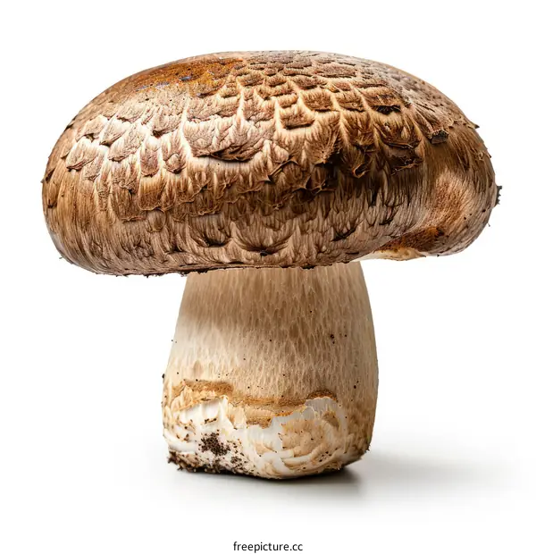 Single Large Brown Mushroom on White Background