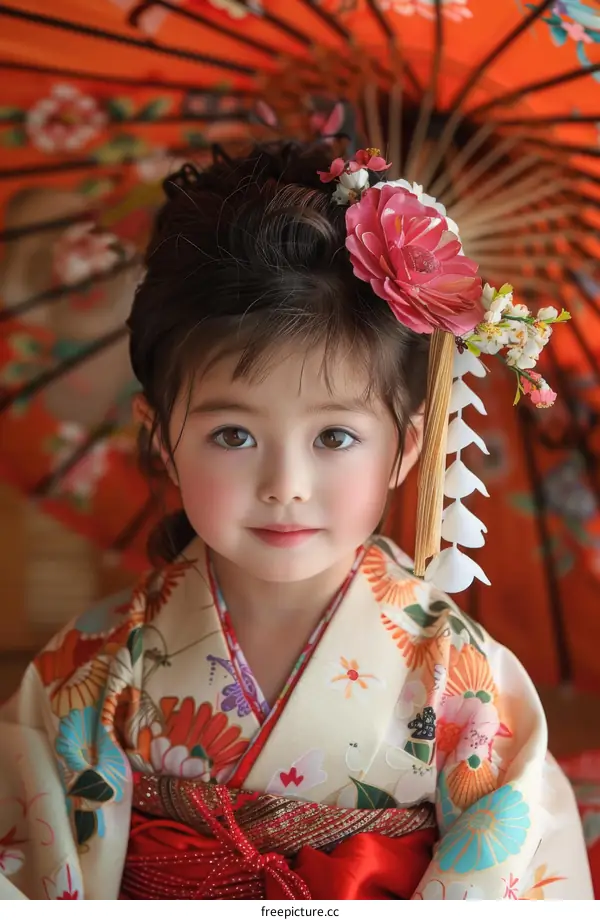 A cute Japanese girl in a kimono with a red umbrella