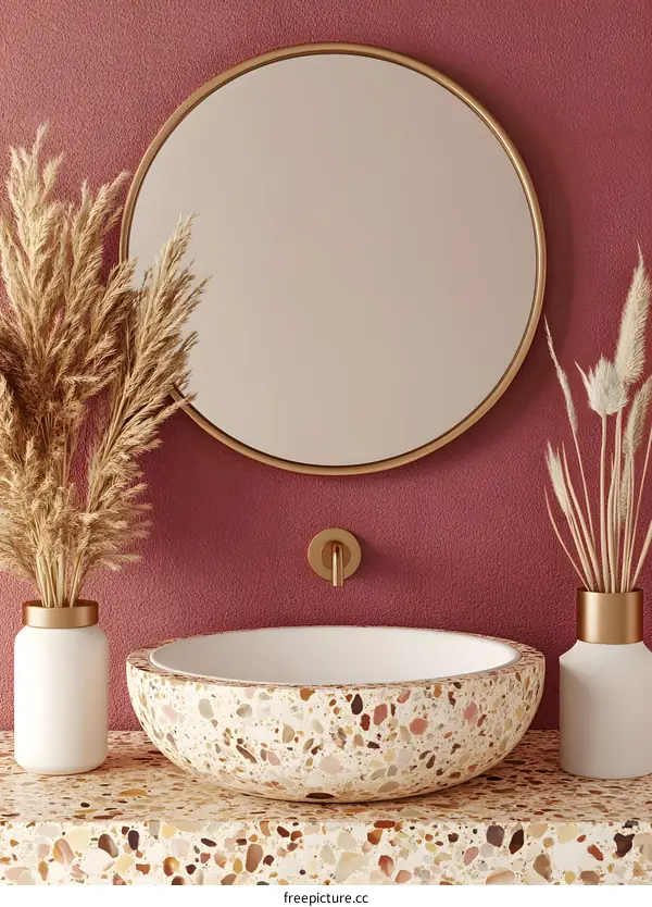 Modern Bathroom Design with Terrazzo Sink and Round Mirror