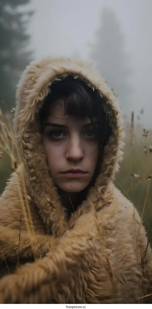 Woman in Fur Coat Looking at Camera in Field