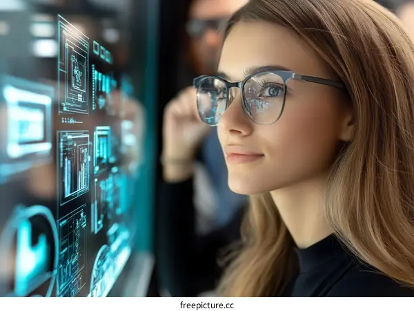 Woman Observing Futuristic Interface Display