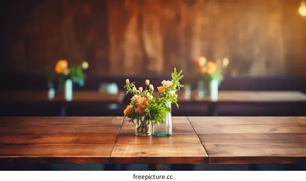 Small Vases with Flowers on a Wooden Table in a Restaurant