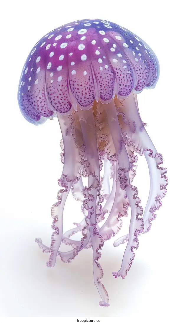 A pink and purple spotted jellyfish floating in the ocean