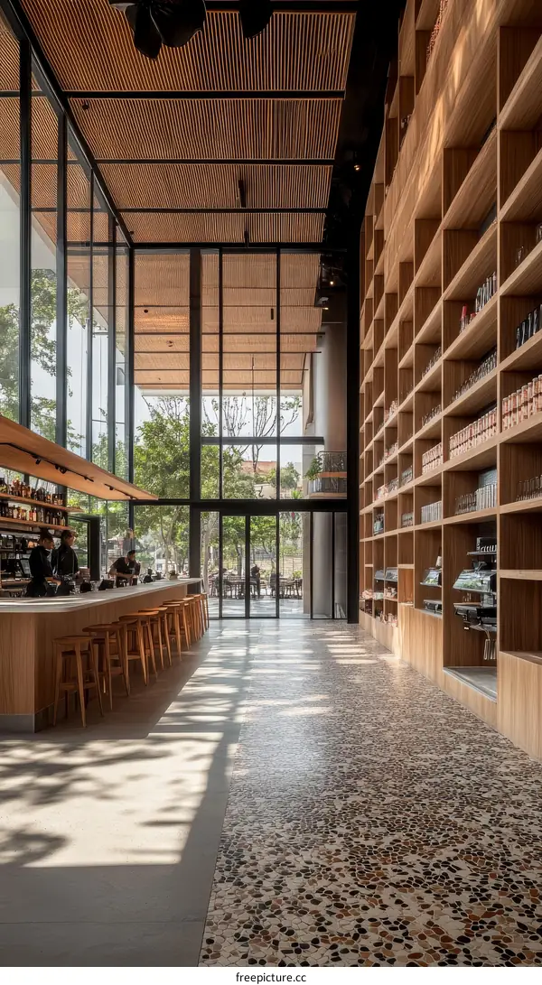 Modern Cafe with Wooden Shelving and Large Windows