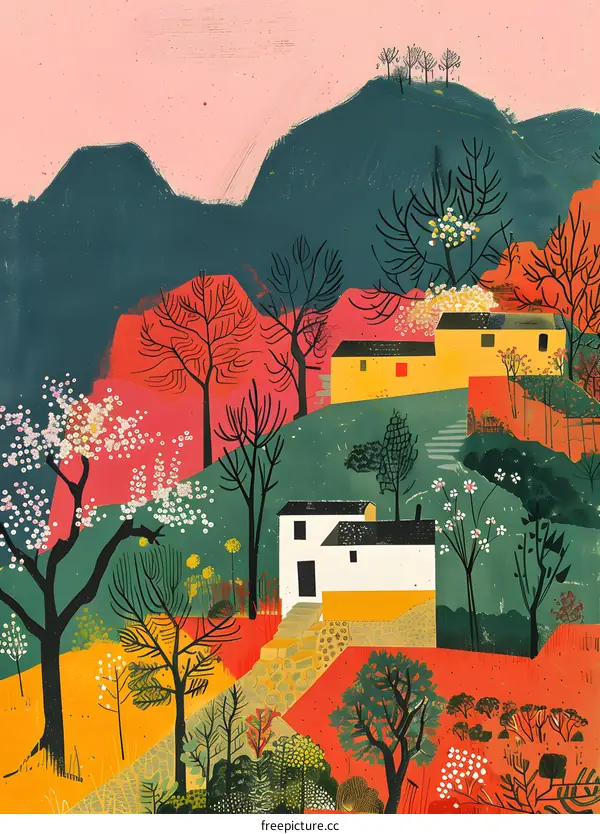 Abstract Illustration of Houses on Mountain with Flowers