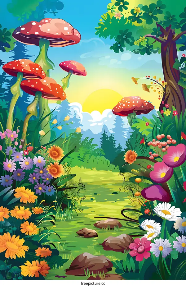 Forest Illustration With Flowers And Mushrooms