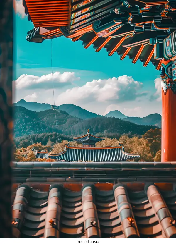 Ancient Chinese Roof with View of Mountains and Sky