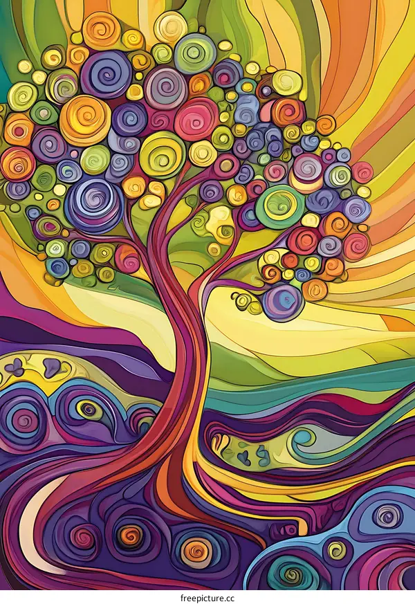 Abstract Tree with Swirls and Colorful Circles