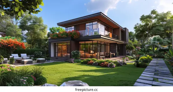 A modern house with a beautiful garden and a swimming pool