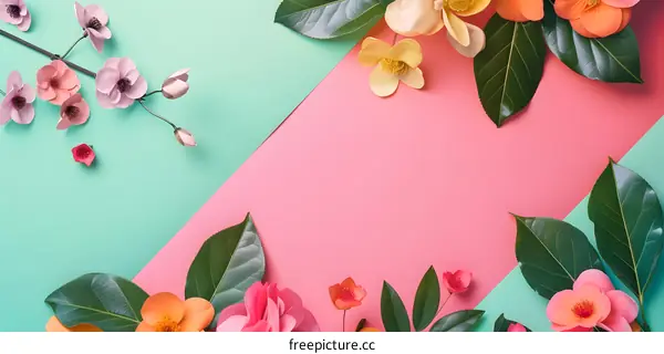 Colorful Flowers and Green Leaves on a Mint and Pink Background