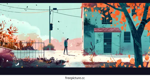 Autumn Illustration Of Man Walking By A Building