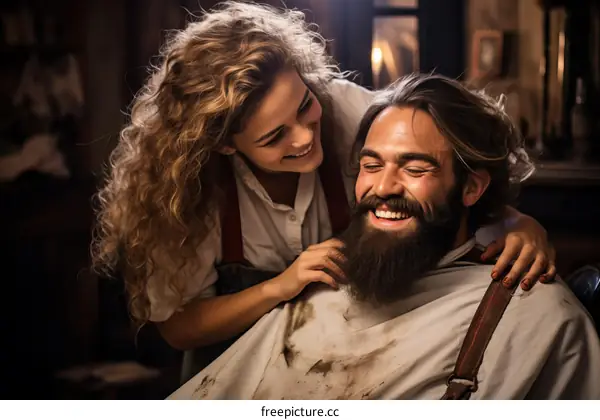Bearded man getting his hair cut by a smiling woman