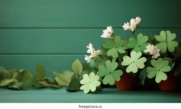 Paper Shamrock Plants on Teal Wooden Background