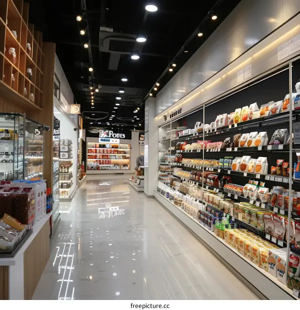 Asian grocery store with long aisle of snacks and groceries on shelves