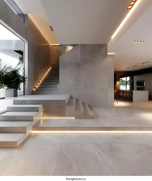 Modern Minimalist Home Interior Design with Gray Marble Stairs and LED Lights