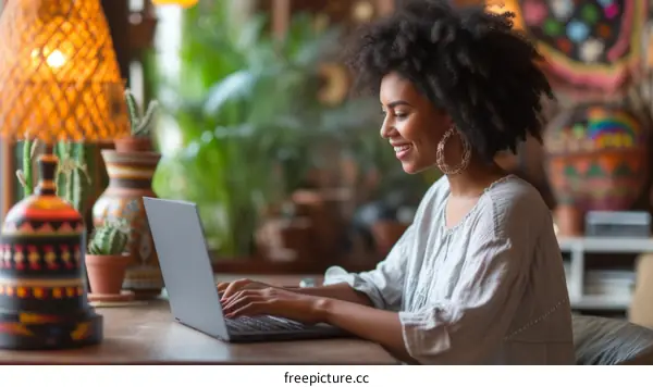 Smiling young woman using laptop in home office
