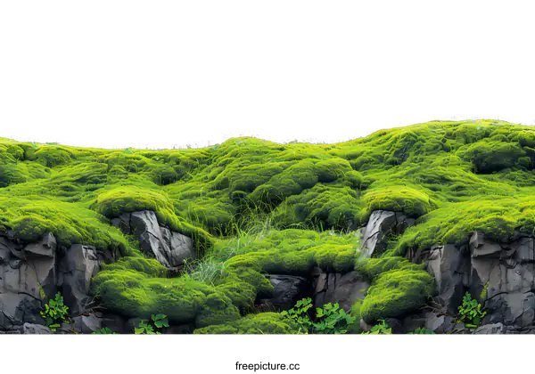[Transparent Background PNG]Green Moss Growing on Rocks with a White Background