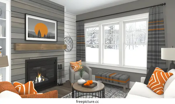 Cozy Living Room Interior with Fireplace and Big Window