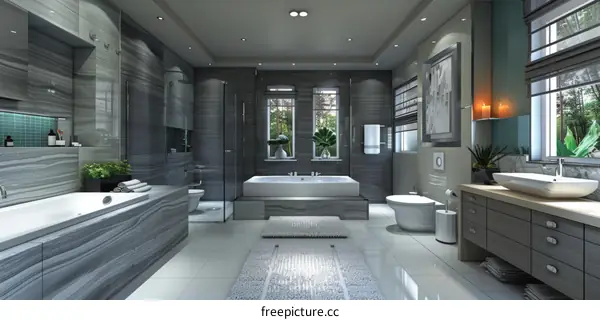 Modern bathroom interior with gray marble tiles, freestanding bathtub and large windows