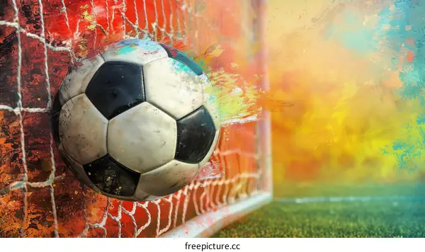 Artistic illustration of a soccer ball hitting the back of a goal net with an abstract colorful background
