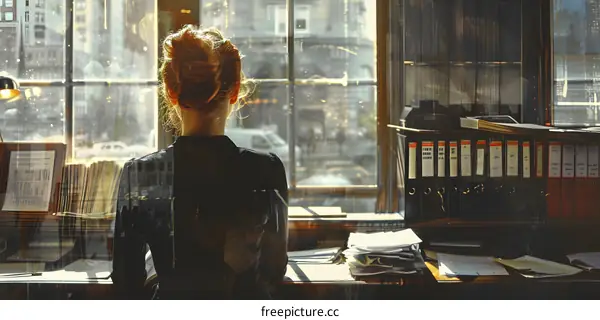 A woman is sitting at a desk in front of a window.
