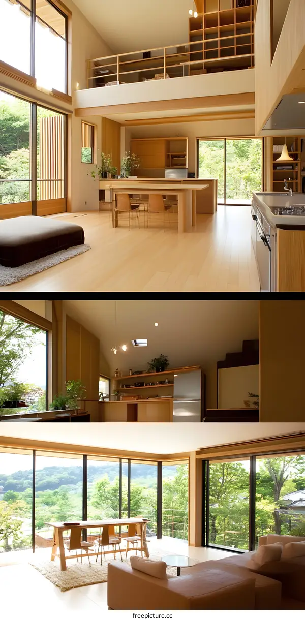Modern Japanese Home with Large Windows and Wooden Interior