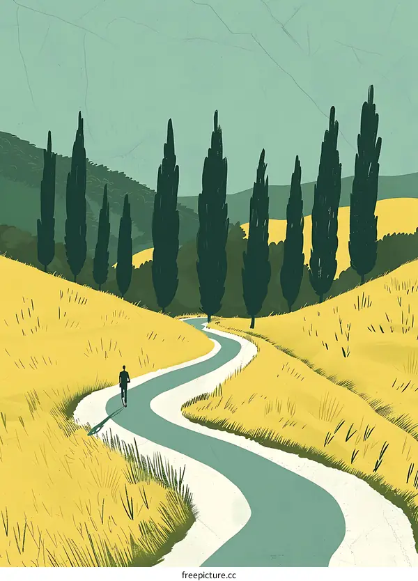 Man Walking on a Winding Road Through a Field of Tall Trees