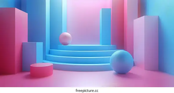 Blue and Pink Pastel Geometric Shapes Composition 3D Illustration