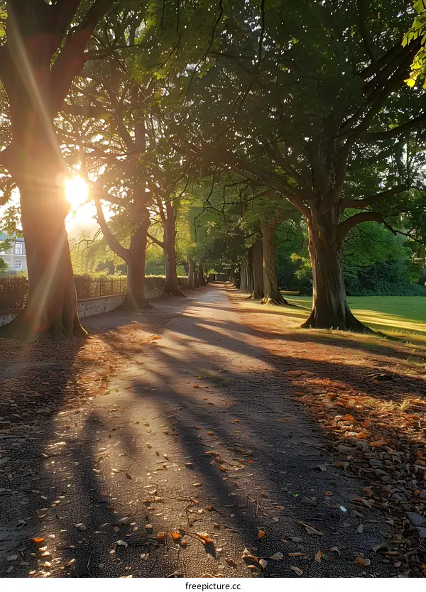 Sunlit Path Through Trees In A Park