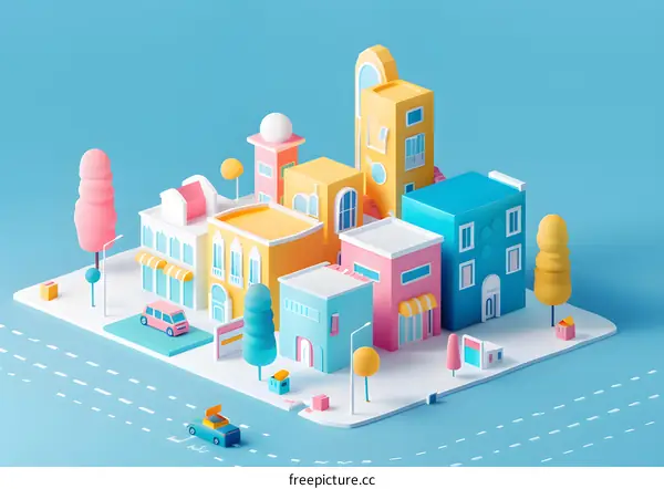 Colorful 3D Illustration of a Small Town