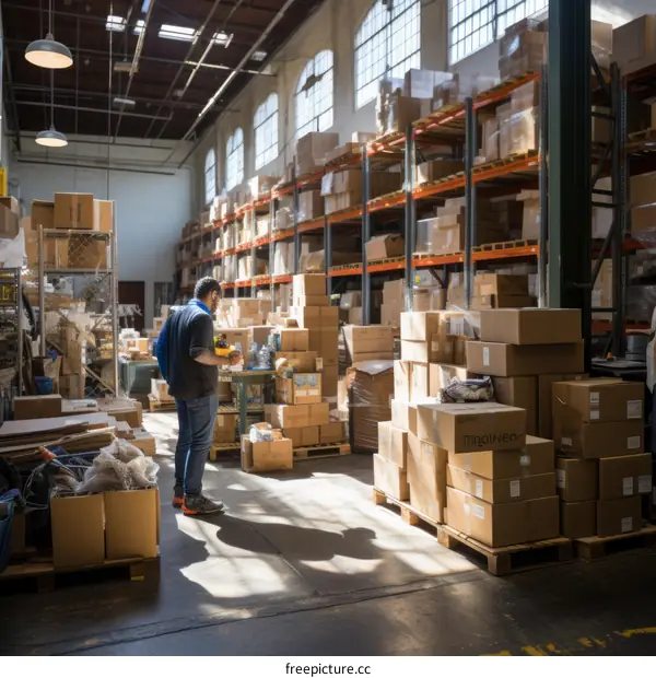 A warehouse worker wearing a face mask and safety glasses is working in a warehouse full of boxes.