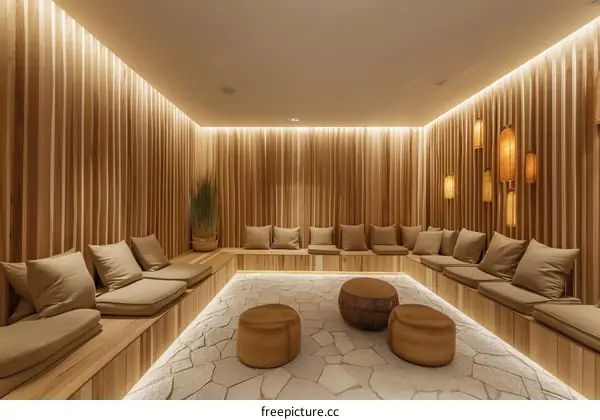 Elegant and comfortable rest area with wooden walls and soft cushions