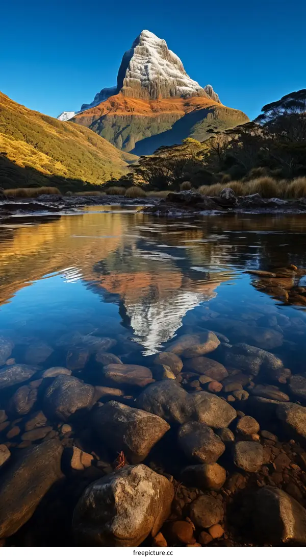 Mountain landscape with flowing river in the foreground