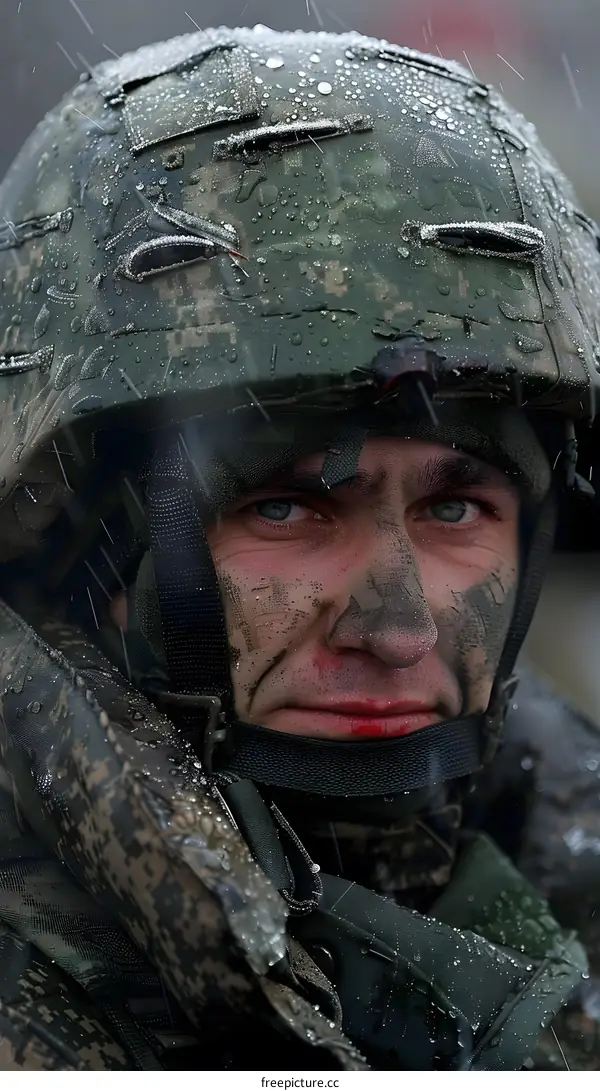 Portrait of a soldier in the rain