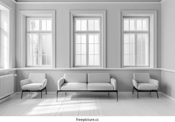 Modern white interior with three white armchairs and sofa