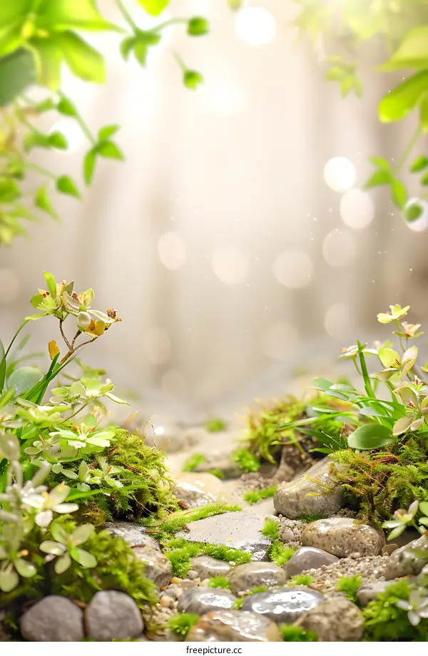 Green and White Flowers with Moss and Rocks