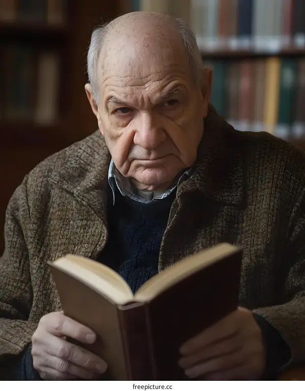 Senior Man Reading Book in Library