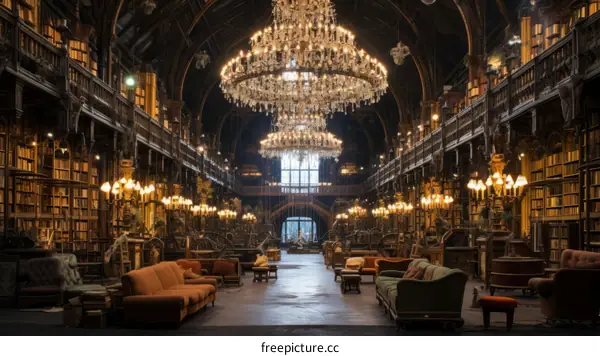 Ornate Library Interior with Crystal Chandelier