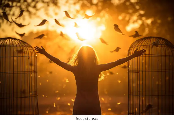 Woman releasing spirited birds from the cage