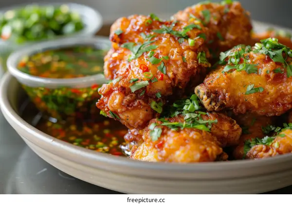 Fried chicken with spicy sauce and herbs