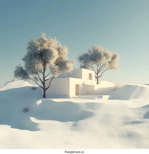 Minimalist White House with Trees in a Snowy Landscape